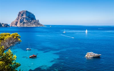 Ibiza, 4k, havet, sommar, kusten, Spanien, Europa
