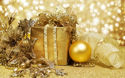 New Year, golden christmas decorations, gift, golden christmas ball, gold bow