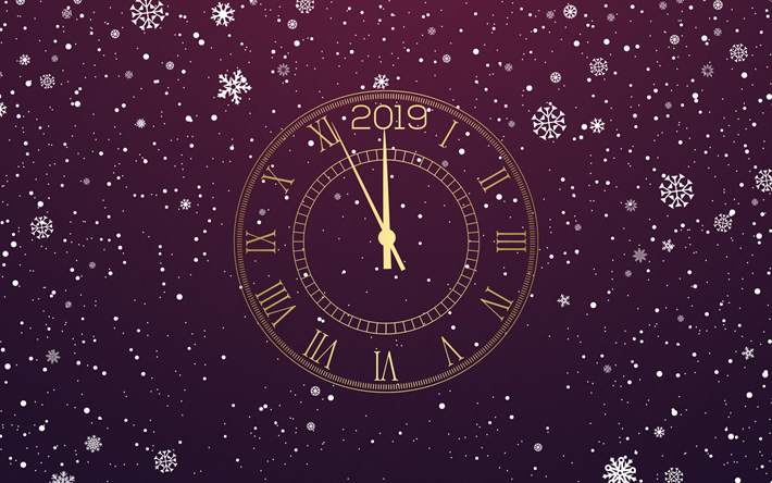 Happy New Year, midnight, time, golden clock, purple 2019 background, 2019 concepts