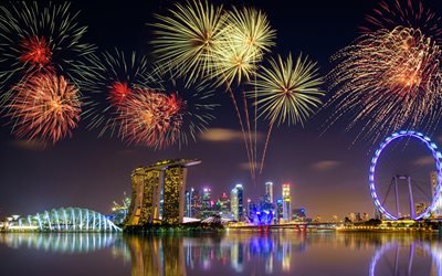 シンガポール, 夜, マリーナベイサンズ, 花火大会, 新年, 観覧車, 花火, 高層ビル群, アジア, 町並み