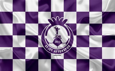 Afjet Afyonspor, 4k, logo, creative art, violetti valkoinen ruudullinen lippu, Turkkilainen jalkapalloseura, Turkin 1 Lig, tunnus, silkki tekstuuri, Afyonkarahisar, Turkki, jalkapallo