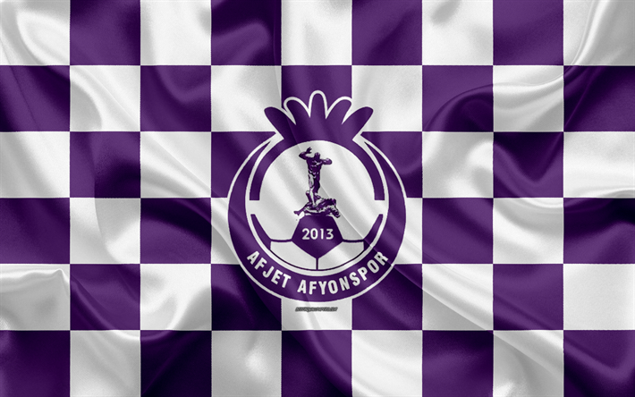 Afjet Afyonspor, 4k, logo, creative art, purple white checkered flag, Turkish Football club, Turkish 1 Lig, emblem, silk texture, Afyonkarahisar, Turkey, football