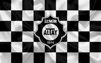 Altay SK, 4k, logo, creative art, black and white checkered flag, Turkish football club, Turkish 1 Lig, emblem, silk texture, Izmir, Turkey, football, Altay Izmir FC