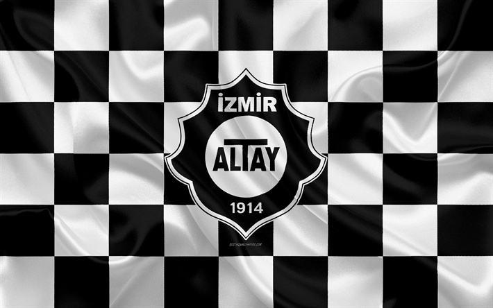 Altay SK, 4k, logotyp, kreativ konst, svart och vit rutig flagga, Turkish football club, Turkiska 1 Lig, emblem, siden konsistens, Izmir, Turkiet, fotboll, FC Altay Izmir