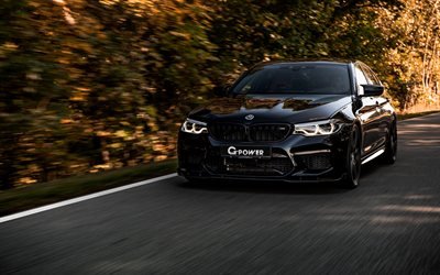 BMW M5, G-Power, 2018, F90, M5 tuning, noir M5 berline, vue de face, &#224; l&#39;ext&#233;rieur, G5M Bi-Turbo, BMW