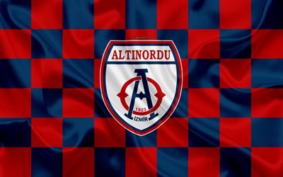 Altınordu FK, 4k, logo, creativo, arte, rosso, blu, bandiera a scacchi, squadra di Calcio turco, bagno turco 1 Lig, emblema, seta, texture, Izmir, Turchia, calcio