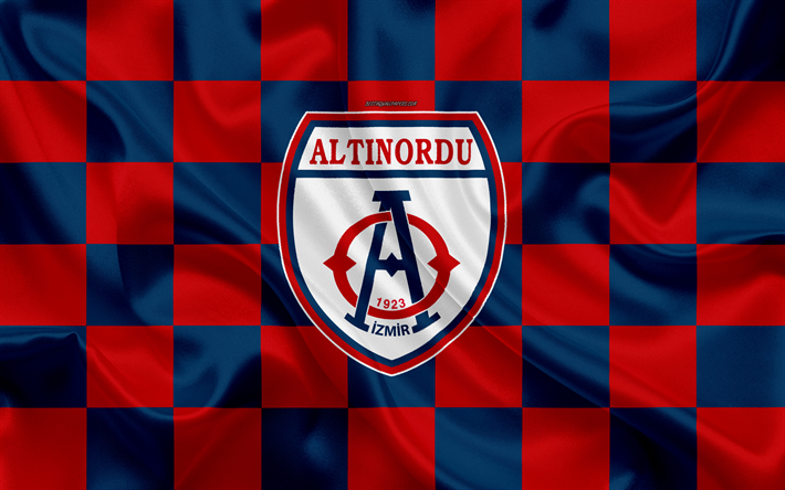 Altinordu FK, 4k, logo, creative art, red blue checkered flag, Turkish Football club, Turkish 1 Lig, emblem, silk texture, Izmir, Turkey, football