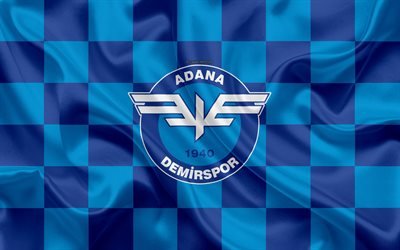 Adana Demirspor, 4k, logo, art cr&#233;atif, bleu drapeau &#224; damier, club de football turc, turc 1 Lig, embl&#232;me de la, soie, texture, Adana, Turquie, football