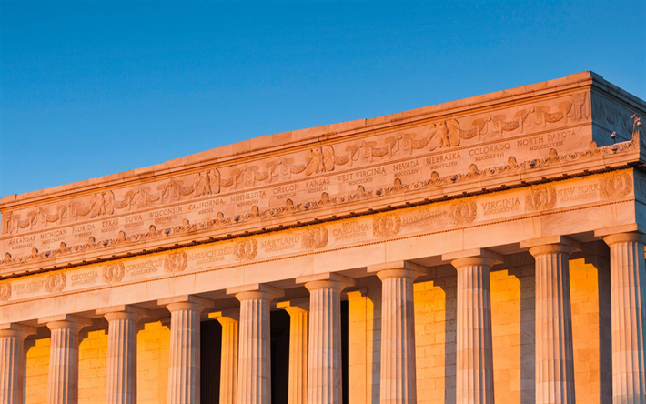 النصب التذكاري لـ لينكولن, مساء, غروب الشمس, الأعمدة, معلم, واشنطن DC, الولايات المتحدة الأمريكية, أمريكا النصب التذكاري الوطني