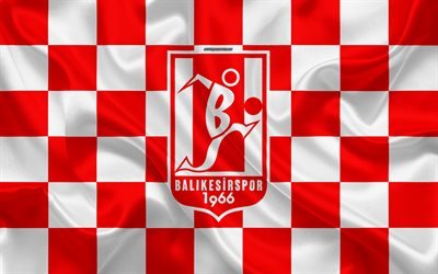 Balikesirspor, 4k, logo, creative art, red white checkered flag, Turkish Football club, Turkish 1 Lig, emblem, silk texture, Balikesir, Turkey, football