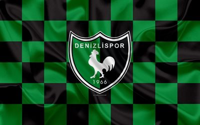 Denizlispor, 4k, logo, art cr&#233;atif, vert, noir drapeau &#224; damier, club de football turc, turc 1 Lig, embl&#232;me de la, soie, texture, Denizli, Turquie, football