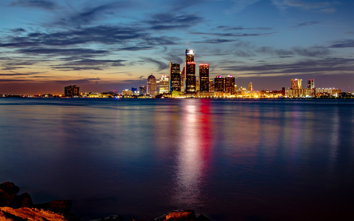 Detroit, y&#246;, pilvenpiirt&#228;ji&#228;, kaupunkikuva, illalla, Detroit River, Michigan, USA