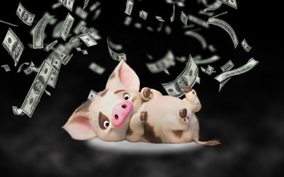 piglet with money, 3D art, flying dollars, symbol of 2019 year, money, funny piglet, pigs, piglet