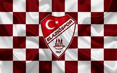 Elazigspor, 4k, logo, creativo, arte, bordeaux, bianco, bandiera a scacchi, squadra di Calcio turco, bagno turco 1 Lig, emblema, seta, texture, Elazi, Turchia, calcio