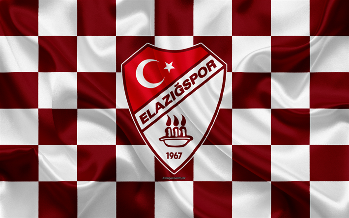 Elazigspor, 4k, logo, arte criativa, borgonha branco bandeira quadriculada, Turco Futebol clube, Turco 1 Lig, emblema, textura de seda, Elazi, A turquia, futebol