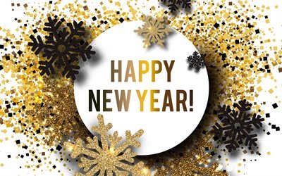 Mutlu Yeni Yıl, 2019, altın ışıltılı kar taneleri, siyah parlak kar taneleri, yaratıcı 2019 sanat, Yeni Yıl