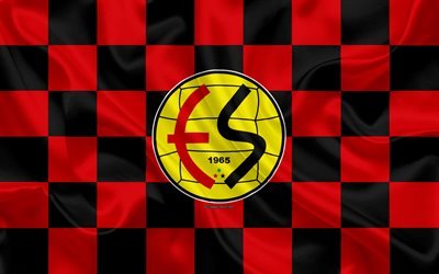 Eskisehirspor, 4k, logo, art cr&#233;atif, rouge noir drapeau &#224; damier, club de Football turc, turc 1 Lig, embl&#232;me de la, soie, texture, Eskisehir, Turquie, football
