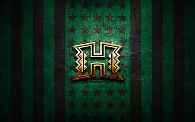 Hawaii Rainbow Warriors flag, NCAA, green black metal background, american football team, Hawaii Rainbow Warriors logo, USA, american football, golden logo, Hawaii Rainbow Warriors