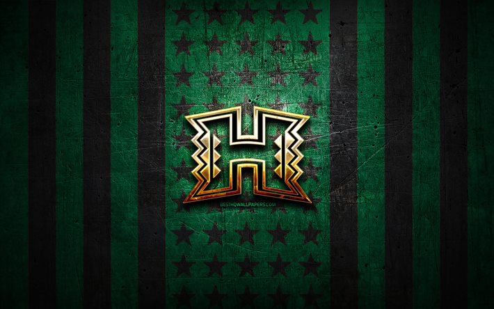 Hawaii Rainbow Warriors flag, NCAA, green black metal background, american football team, Hawaii Rainbow Warriors logo, USA, american football, golden logo, Hawaii Rainbow Warriors