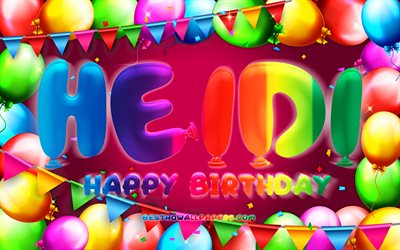 Happy Birthday Heidi, 4k, colorful balloon frame, Heidi name, purple background, Heidi Happy Birthday, Heidi Birthday, popular american female names, Birthday concept, Heidi