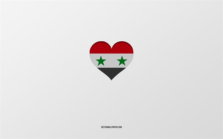 J&#39;aime la Syrie, les pays d&#39;Asie, la Syrie, fond gris, le coeur du drapeau de la Syrie, le pays pr&#233;f&#233;r&#233;, l&#39;amour la Syrie