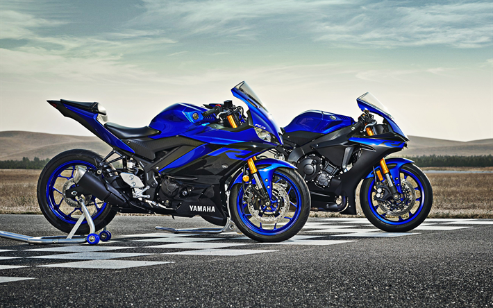 2019, Yamaha YZF-R3, Supersport Motocicletas, vista lateral, en el nuevo negro azul YZF-R3, motos deportivas, Japon&#233;s carreras de motocicletas, Yamaha