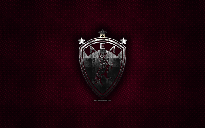 Athlitiki Enosi Larissa FC, AEL, Greek football club, burgundy metal texture, metal logo, emblem, Larisa, Greece, Super League Greece, creative art, football
