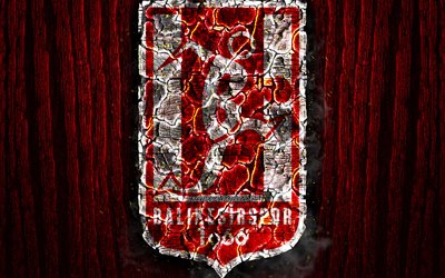 Balikesirspor, scorched logo, Turkish 1 Lig, red wooden background, turkish football club, TFF First League, Adanaspor FC, grunge, football, soccer, Balikesirspor logo, fire texture, Turkey