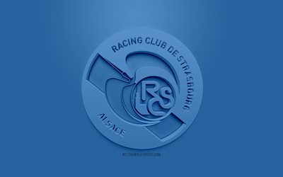 RC Strasbourg Alsace, creative 3D logo, blue background, 3d emblem, French football club, Ligue 1, Strasbourg, France, 3d art, football, stylish 3d logo