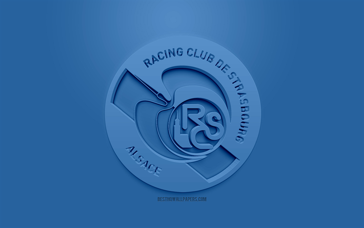 RC Strasbourg Alsace, creative 3D logo, blue background, 3d emblem, French football club, Ligue 1, Strasbourg, France, 3d art, football, stylish 3d logo