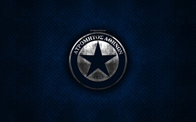Atromitos FC, Greek football club, blue metal texture, metal logo, emblem, Peristeri, Greece, Super League Greece, creative art, football