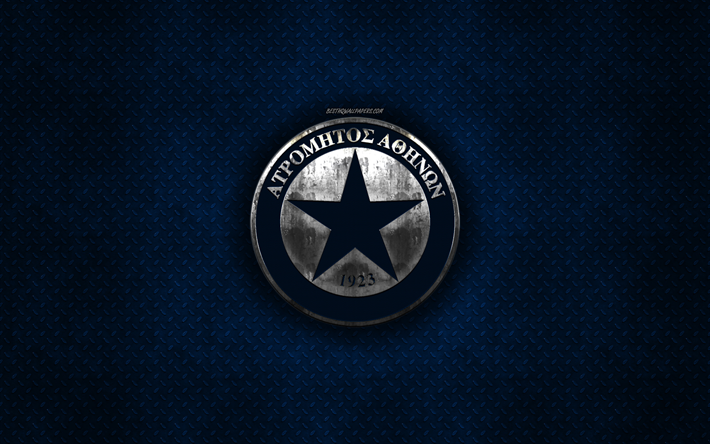 Atromitos FC, Kreikan football club, sininen metalli tekstuuri, metalli-logo, tunnus, Peristeri, Kreikka, Super League Kreikan, creative art, jalkapallo