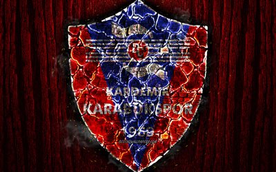 Karabukspor, scorched logo, Turkish 1 Lig, red wooden background, turkish football club, TFF First League, Karabukspor FC, grunge, football, soccer, Karabukspor logo, fire texture, Turkey