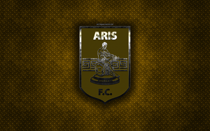 Aris Thessaloniki FC, Greek football club, yellow metal texture, metal logo, emblem, Thessaloniki, Greece, Super League Greece, creative art, football