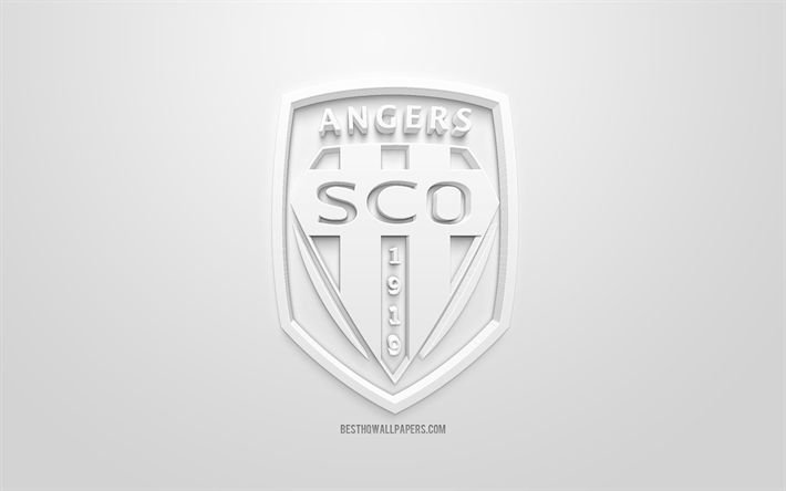 Angers SKOLYOZ, yaratıcı 3D logo, beyaz arka plan, 3d amblem, Fransız Futbol Kul&#252;b&#252;, 1 İzle, Angers, Fransa, 3d sanat, futbol, 3d logo şık