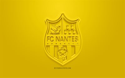 نادي نانت, الإبداعية شعار 3D, خلفية صفراء, 3d شعار, نادي كرة القدم الفرنسي, الدوري 1, نانت, فرنسا, الفن 3d, كرة القدم, أنيقة شعار 3d