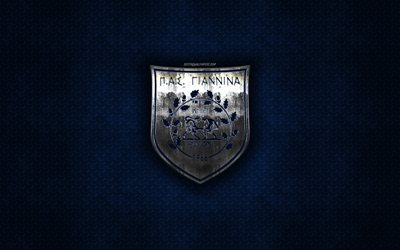 pas giannina fc, griechischer fu&#223;ballverein, blau metall textur -, metall-logo, emblem, ioannina, griechenland, super league greece, kunst, fu&#223;ball