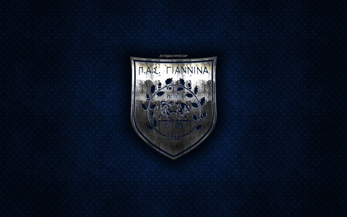 PAS Giannina FC, Greek football club, blue metal texture, metal logo, emblem, Ioannina, Greece, Super League Greece, creative art, football