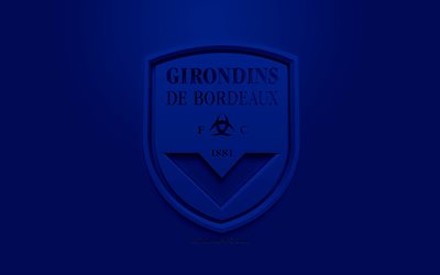 O FC Girondins de Bordeaux, criativo logo 3D, fundo azul, 3d emblema, Clube de futebol franc&#234;s, Liga 1, Bordeaux, Fran&#231;a, Arte 3d, futebol, elegante logotipo 3d, Bordeaux FC