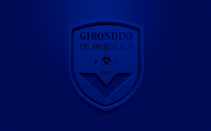 O FC Girondins de Bordeaux, criativo logo 3D, fundo azul, 3d emblema, Clube de futebol franc&#234;s, Liga 1, Bordeaux, Fran&#231;a, Arte 3d, futebol, elegante logotipo 3d, Bordeaux FC