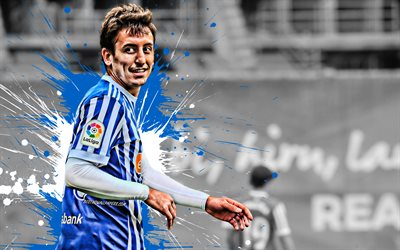 Mikel Oyarzabal, Spanish football player, Real Sociedad, midfielder, blue-white paint splashes, creative art, La Liga, Spain, football, grunge