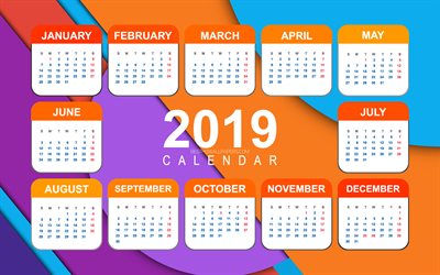 Orange Calendar 2019, 4k, material design, 2019 Yearly Calendar, glare, creative, Calendar 2019, abstract background, Year 2019 Calendar, 2019 calendars, 2019 calendar