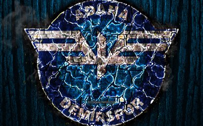 Adana Demirspor, scorched logo, Turkish 1 Lig, blue wooden background, turkish football club, TFF First League, Adana Demirspor FC, grunge, football, soccer, Adana Demirspor logo, fire texture, Turkey