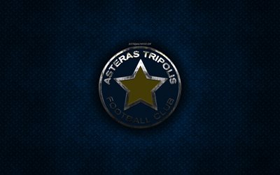 Asteras Tripoli FC, Grego futebol clube, azul textura do metal, logotipo do metal, emblema, Tripolis, Gr&#233;cia, Super Liga Da Gr&#233;cia, arte criativa, futebol