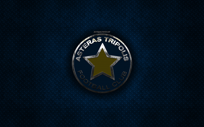 Asteras Tripoli FC, Greek football club, blue metal texture, metal logo, emblem, Tripolis, Greece, Super League Greece, creative art, football