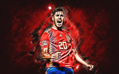 Marco Asensio, Espanjan jalkapallomaajoukkue, keskikentt&#228;pelaaja, iloa, tavoite, punainen kivi, muotokuva, kuuluisia jalkapalloilijoita, jalkapallo, espanjalaiset jalkapalloilijat, grunge, Espanja