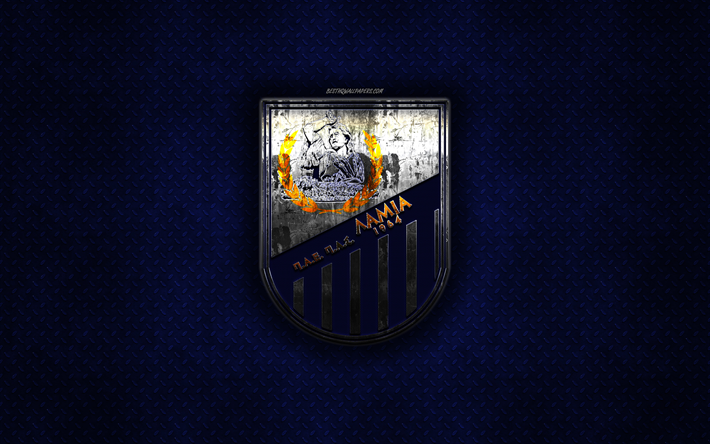 PAS Lamia 1964, Greek football club, blue metal texture, metal logo, emblem, Lamia, Greece, Super League Greece, creative art, football