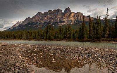 Spring, Mountain Landscape, Sunset, Rocks, Mountain River, Forest, Alberta, Banff National Park, Canada