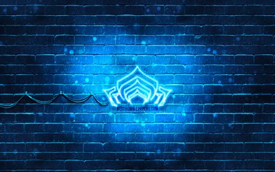 Logo blu Warframe, 4k, muro di mattoni blu, opera d&#39;arte, logo Warframe, RPG, logo al neon Warframe, Warframe