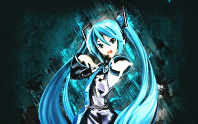 Hatsune Miku, Vocaloid, portrait, blue stone background, Vocaloid characters, Miku Hatsune, Hatsune Miku Vocaloid